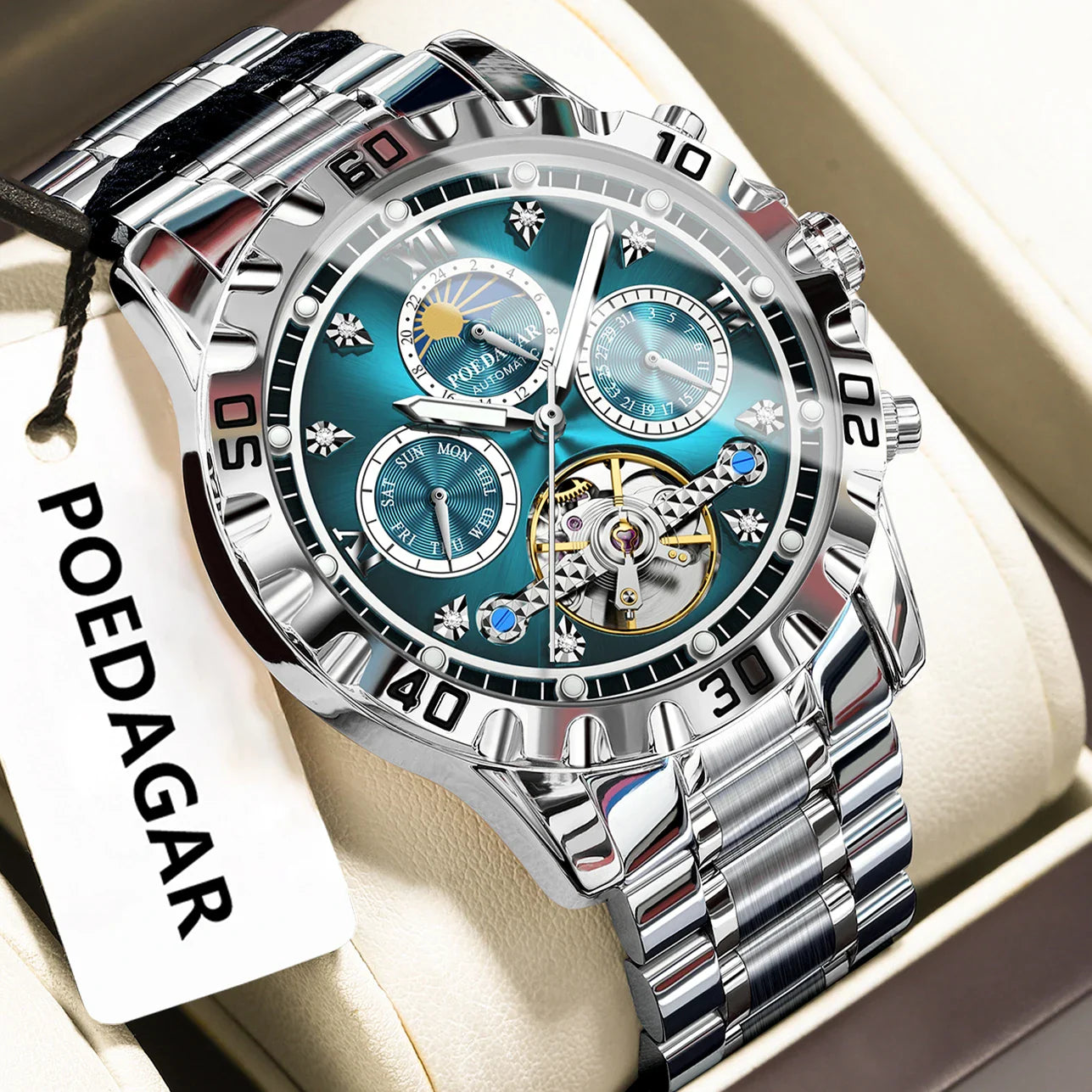POEDAGAR Military Luxury Men Clock Mechanical Waterproof Man Watch Hollow Tourbillon Automatic Stainless Steel Men's Watches+Box