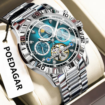 POEDAGAR Military Luxury Men Clock Mechanical Waterproof Man Watch Hollow Tourbillon Automatic Stainless Steel Men's Watches+Box