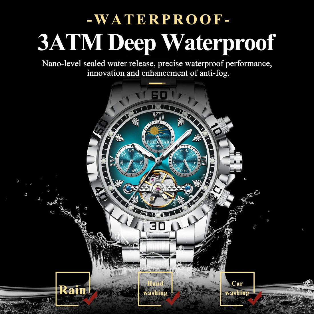 POEDAGAR Military Luxury Men Clock Mechanical Waterproof Man Watch Hollow Tourbillon Automatic Stainless Steel Men's Watches+Box
